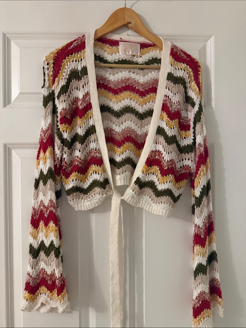 Crochet Chevron Tie-Front Cardigan - Cream Multi
